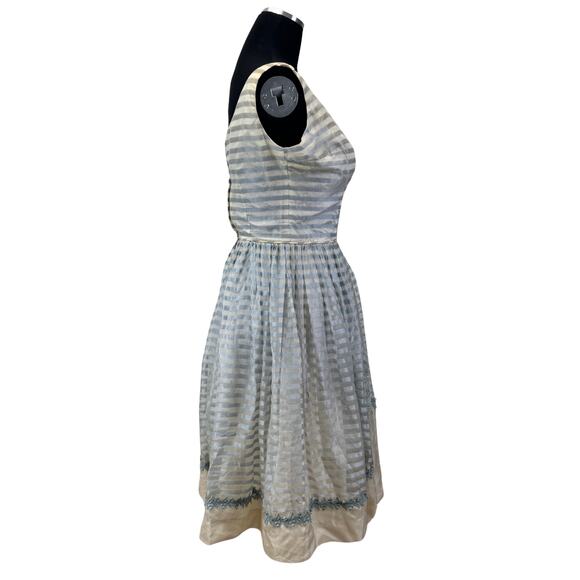 1950s Ice Blue Organza Party Dress with Appliqué – Sheer Stripe Full Skirt AS-IS - Picture 7 of 16